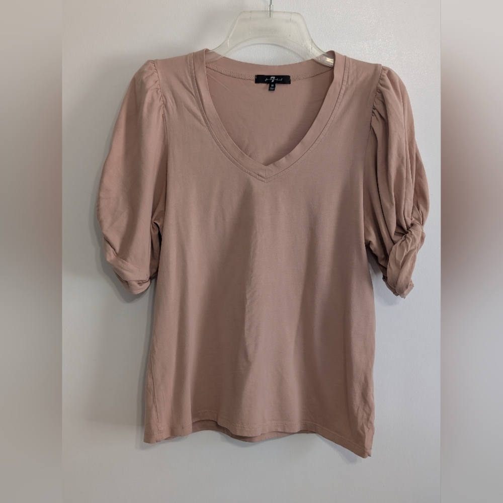 7 For All Mankind V-Neck Puff Sleeve Cotton Top - Tan